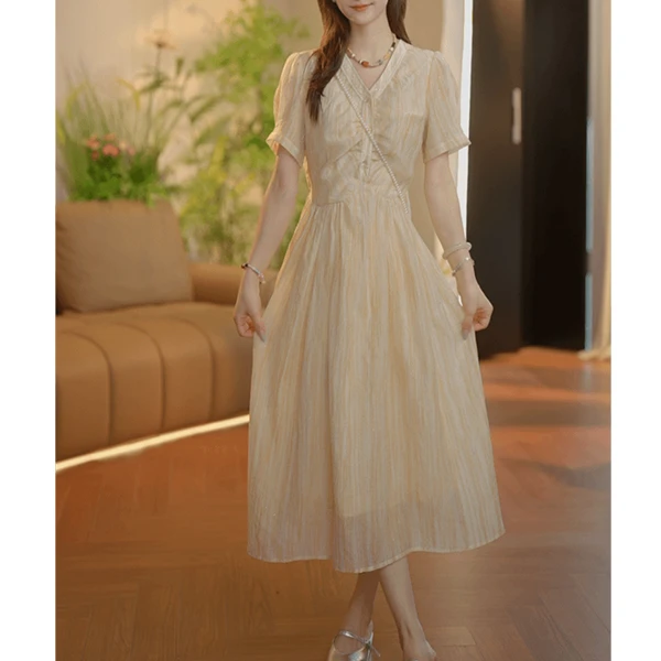 法式甜美气质连衣裙夏款女2025夏季新款褶皱收腰温柔长款裙子7295