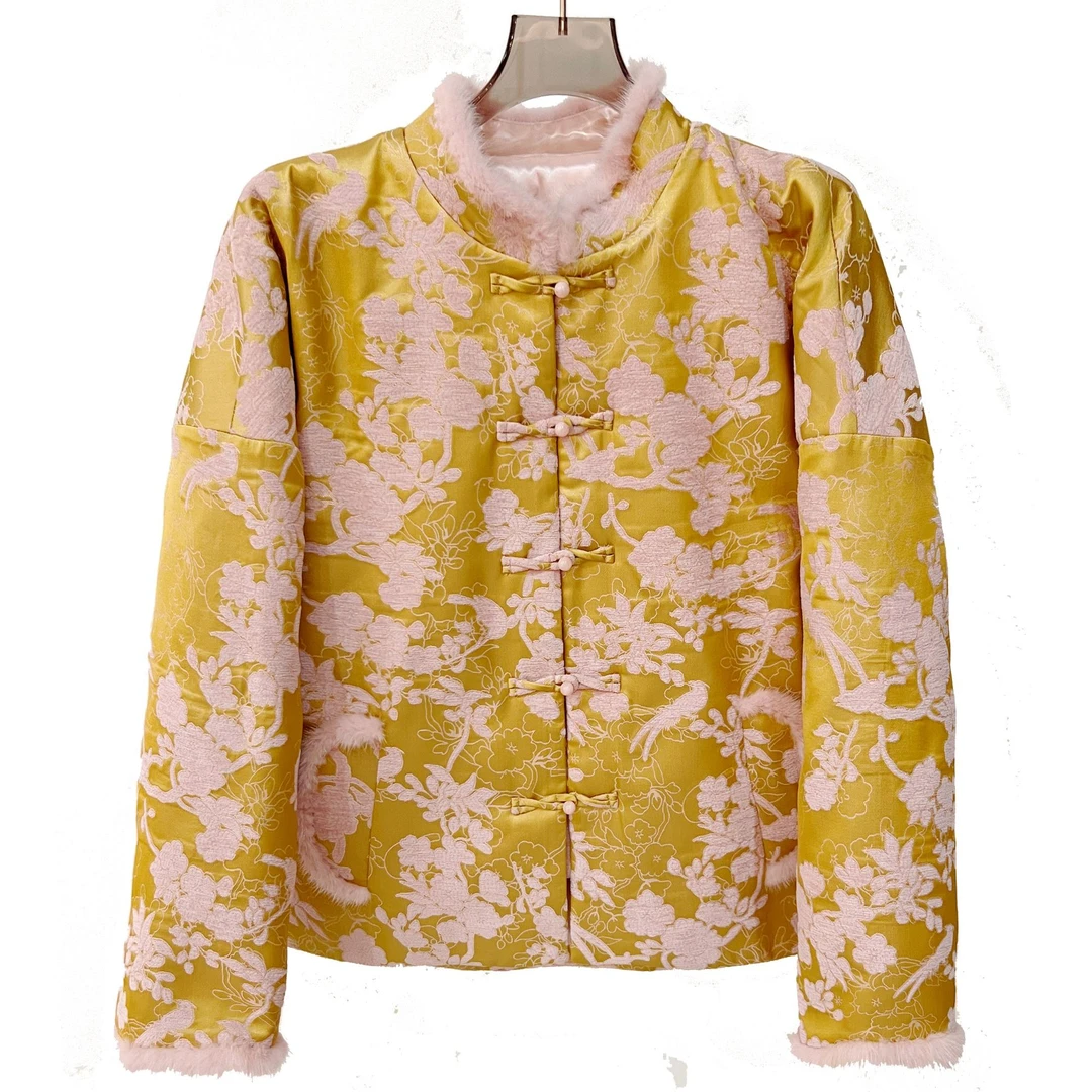 【粉黛佳人】新中式加棉国风章绒2025冬季复古百搭提花立领金色外套