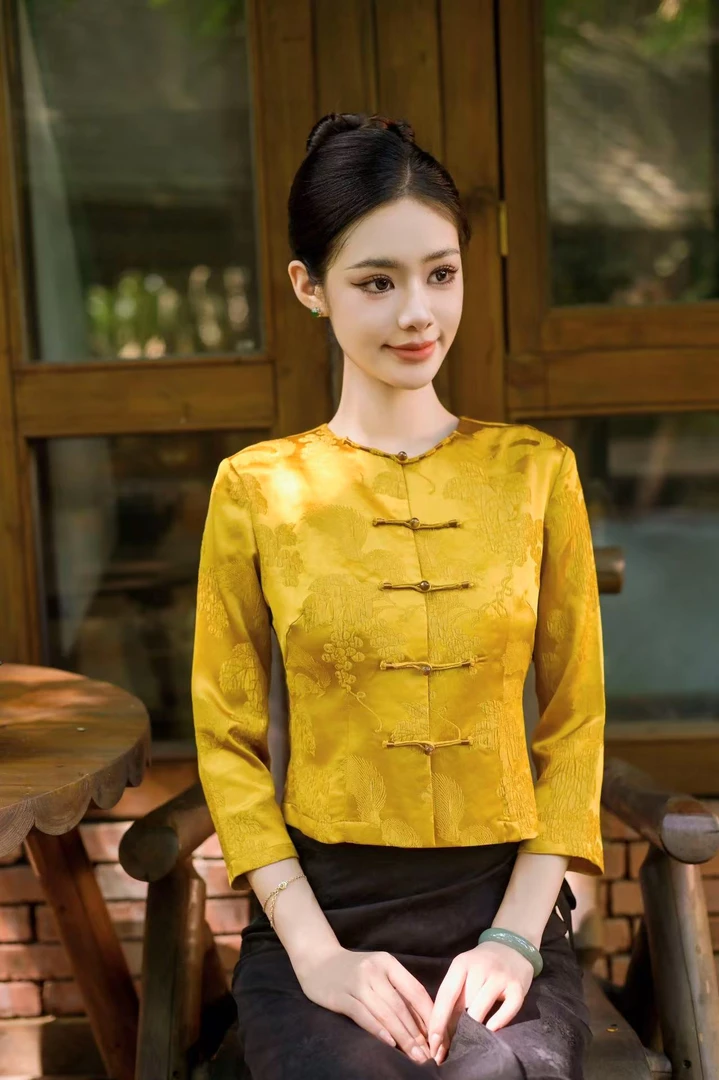 玉家人自制 | 曼凰.桑蚕丝冠乐绉气质国风改良傣族服装黄色上衣