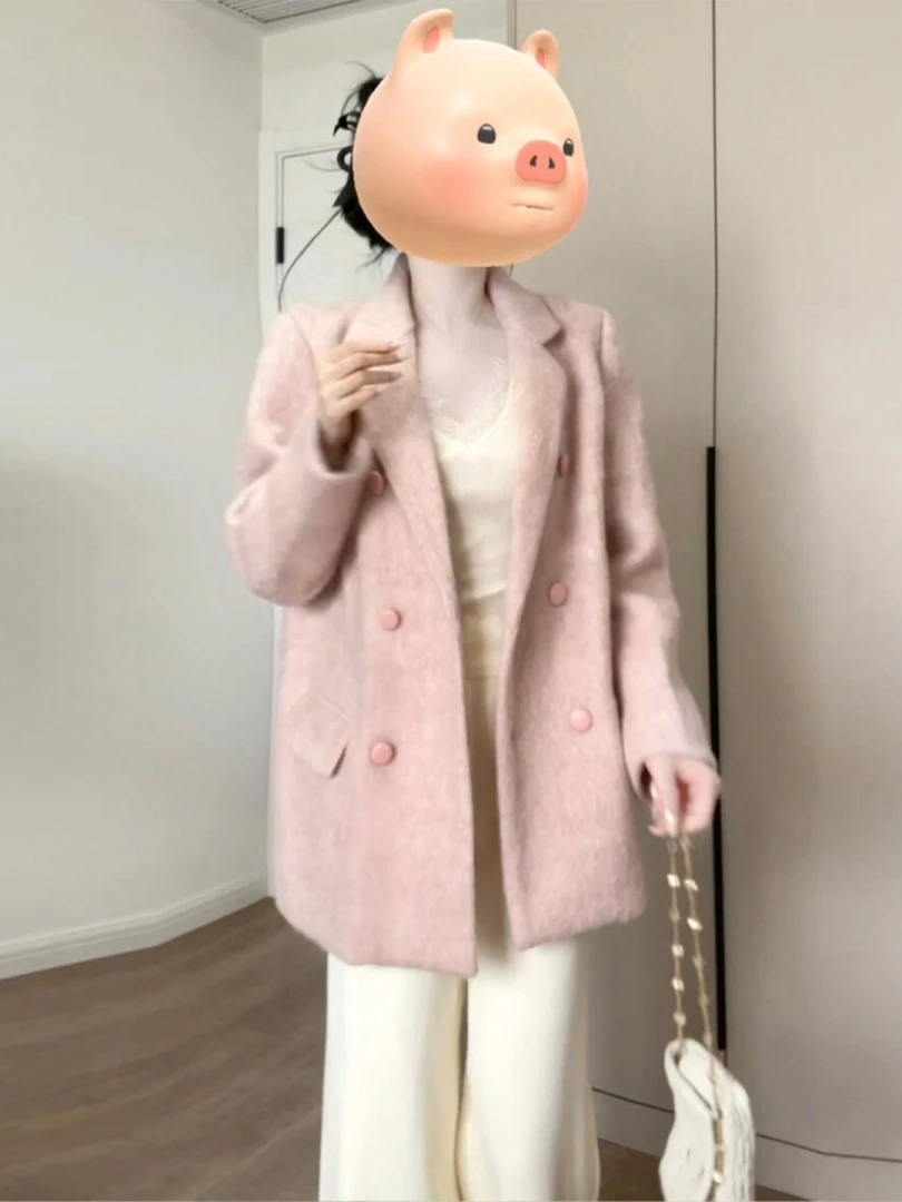 韩系小香风粉色西装毛呢外套女秋季2025新款小个子高级感大衣