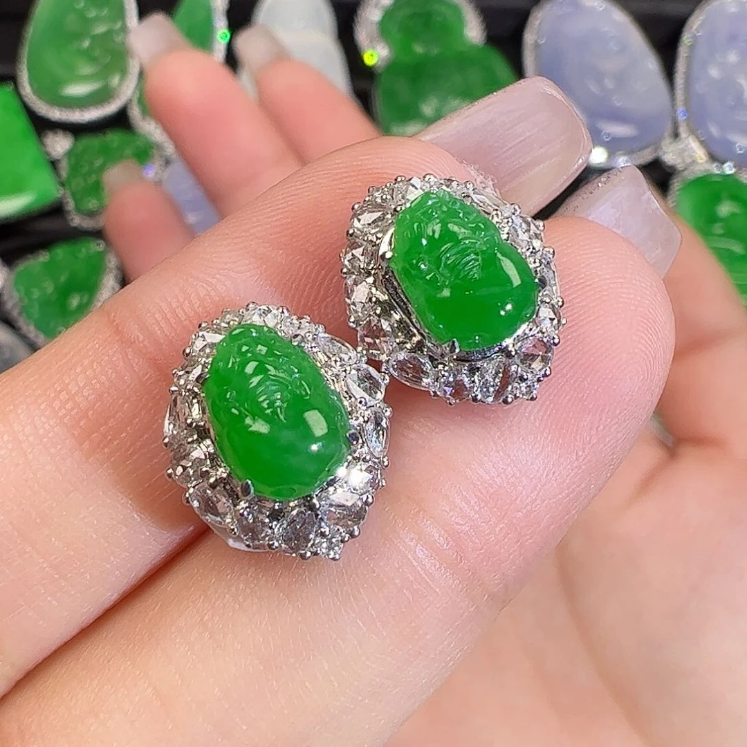 翡翠耳饰18K金镶嵌貔貅