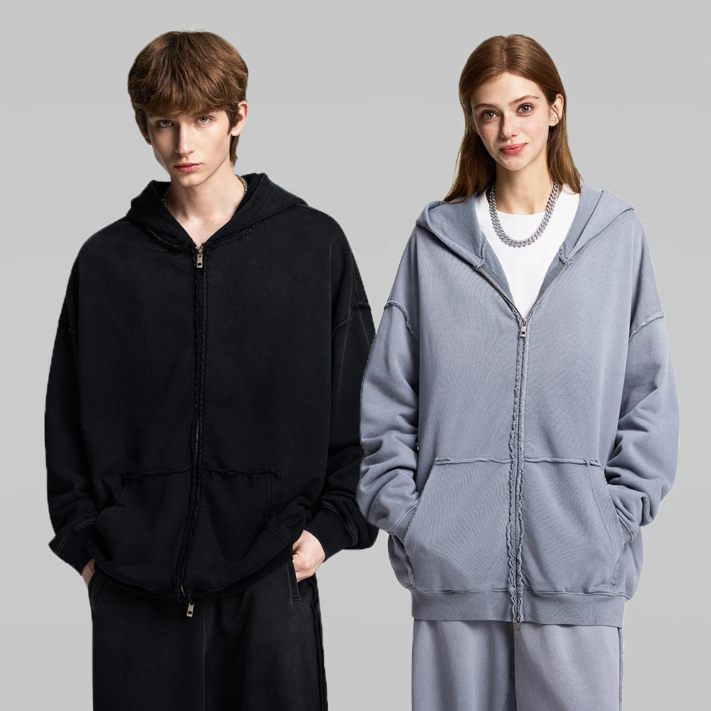 440g重磅水洗散边连帽开衫卫衣秋冬2025新款休闲宽松做旧上衣外套