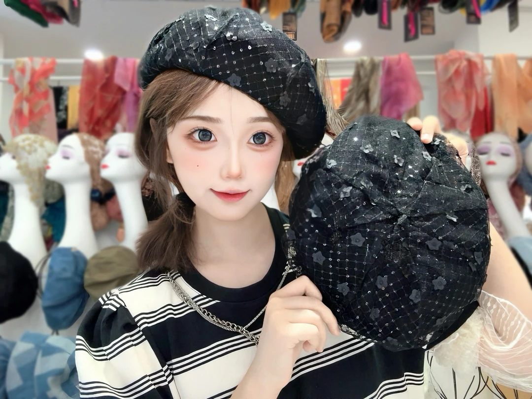 黑色暗花网纱立体八角帽·百搭帽子女画家水钻小香风夏季贝雷帽