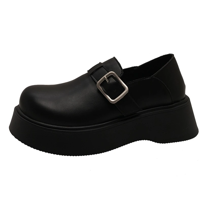 复古皮带扣小皮鞋女2025春季新款英伦风厚底蹬增百搭一脚高乐福鞋