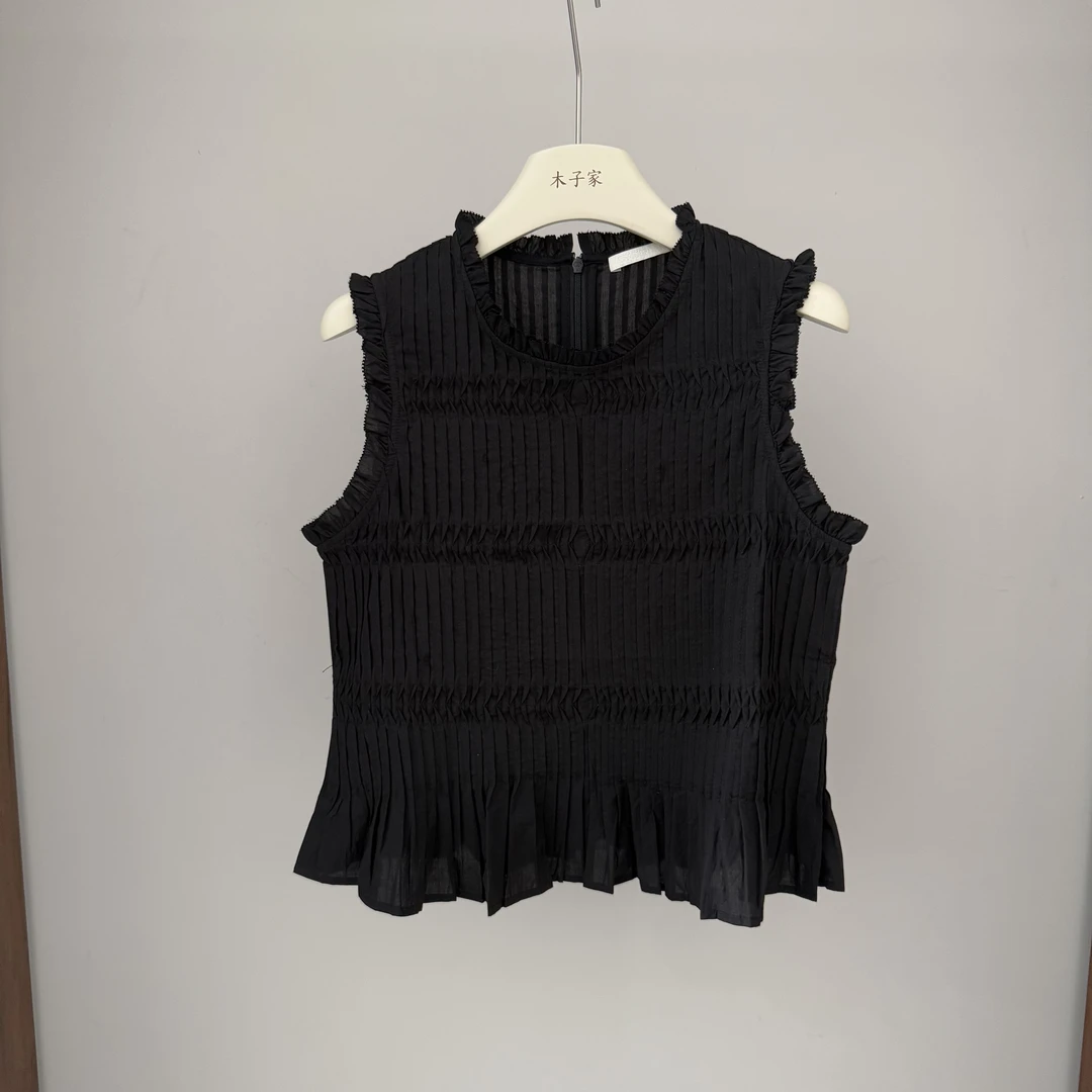 夏季法式褶皱常规无袖薄款衬衫