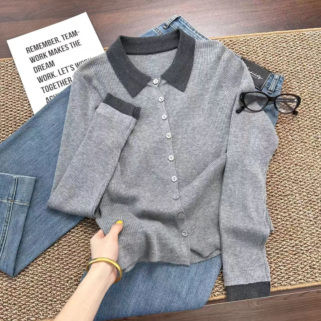 秋上新 领口撞色显瘦针织~修身遮肉百搭 翻领针织衫T061灰