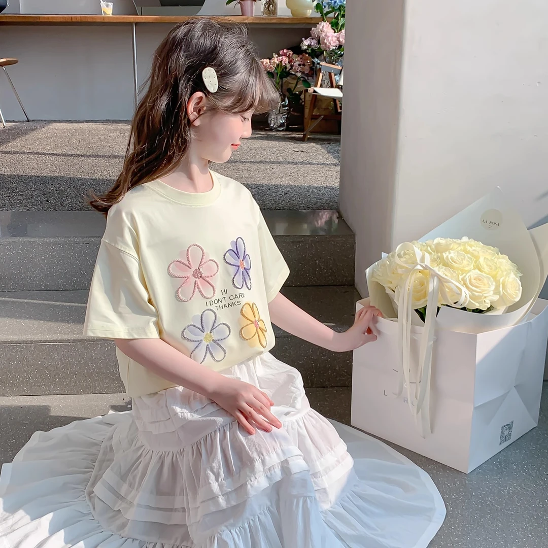 女童短袖t恤2025新款夏装洋气童装小女孩夏季圆领半袖儿童上衣薄T