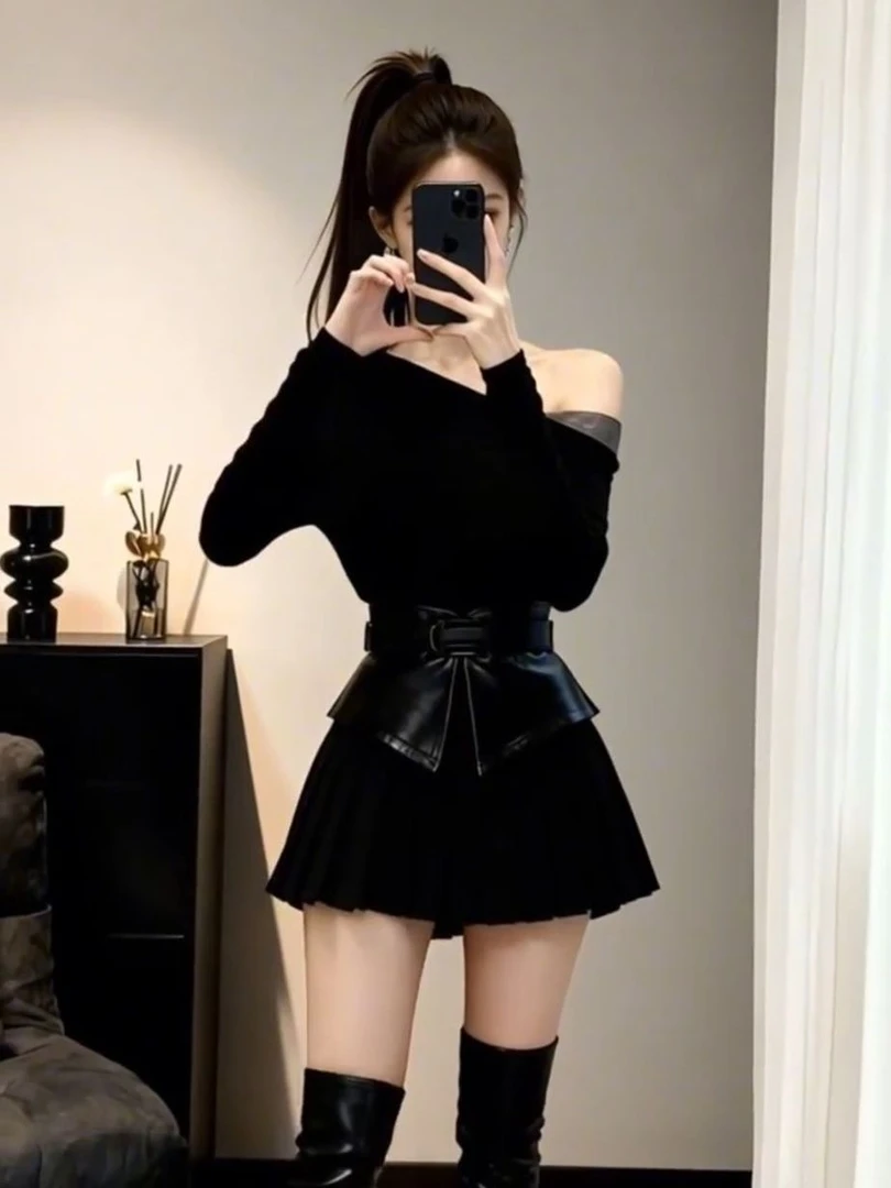 秋冬法式圣诞气质斜肩上衣腰封结腰拼接开叉显瘦百褶半身裙套装