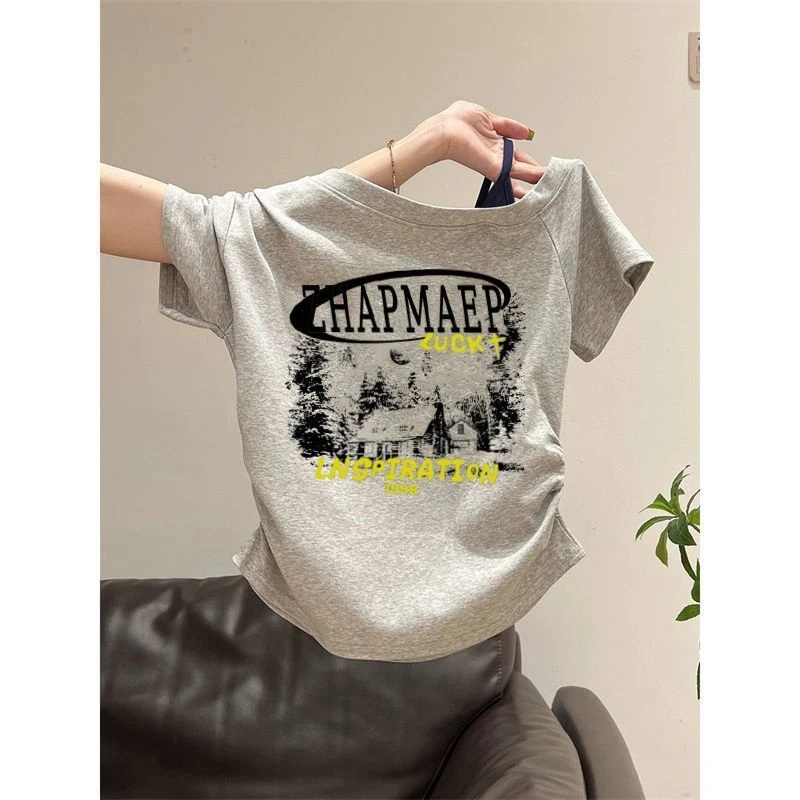 【ZHAP】斜肩吊带短袖t恤女露肩浅灰色小众上衣修身型正肩夏季休闲