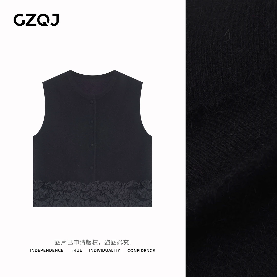 广州琴姐【慵懒旋律】蕾丝拼接单排扣无袖针织马甲马夹上衣女31167