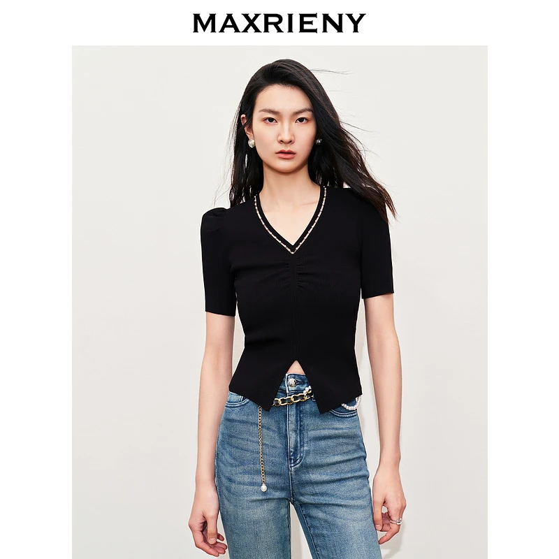 【陈大可专属】MAXRIENY优雅复古V领抽褶复古毛衫