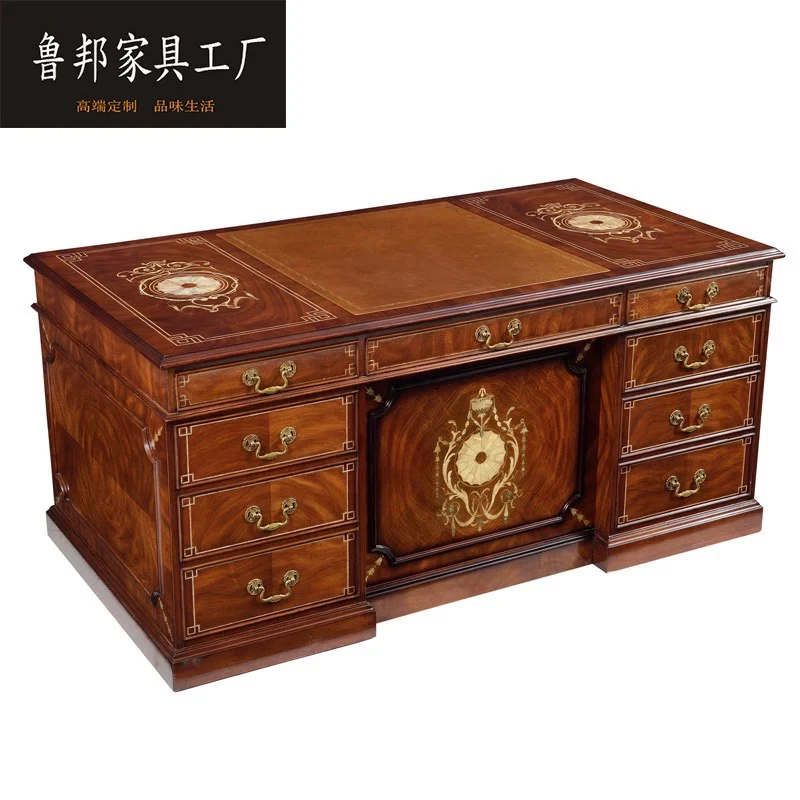 亚历山大实木书桌木皮拼花贝壳镶嵌大书桌办公桌