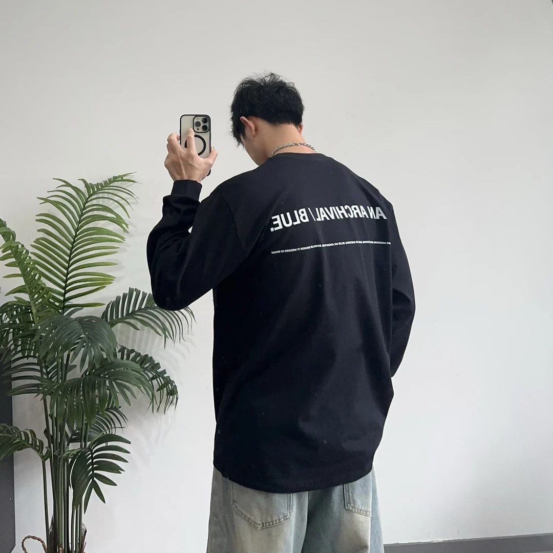 盘鹏飞 重磅潮牌百搭休闲长袖T恤男宽松圆领印花卫衣情侣潮流上衣