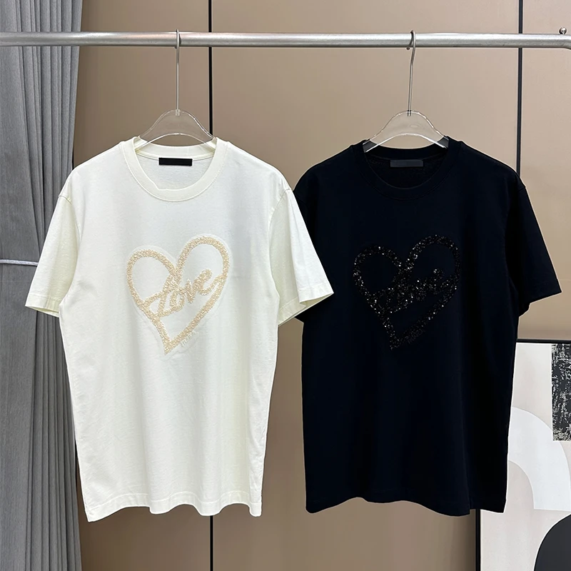 305 |M|爱心珠片短袖t恤女夏新款休闲上衣夏季
