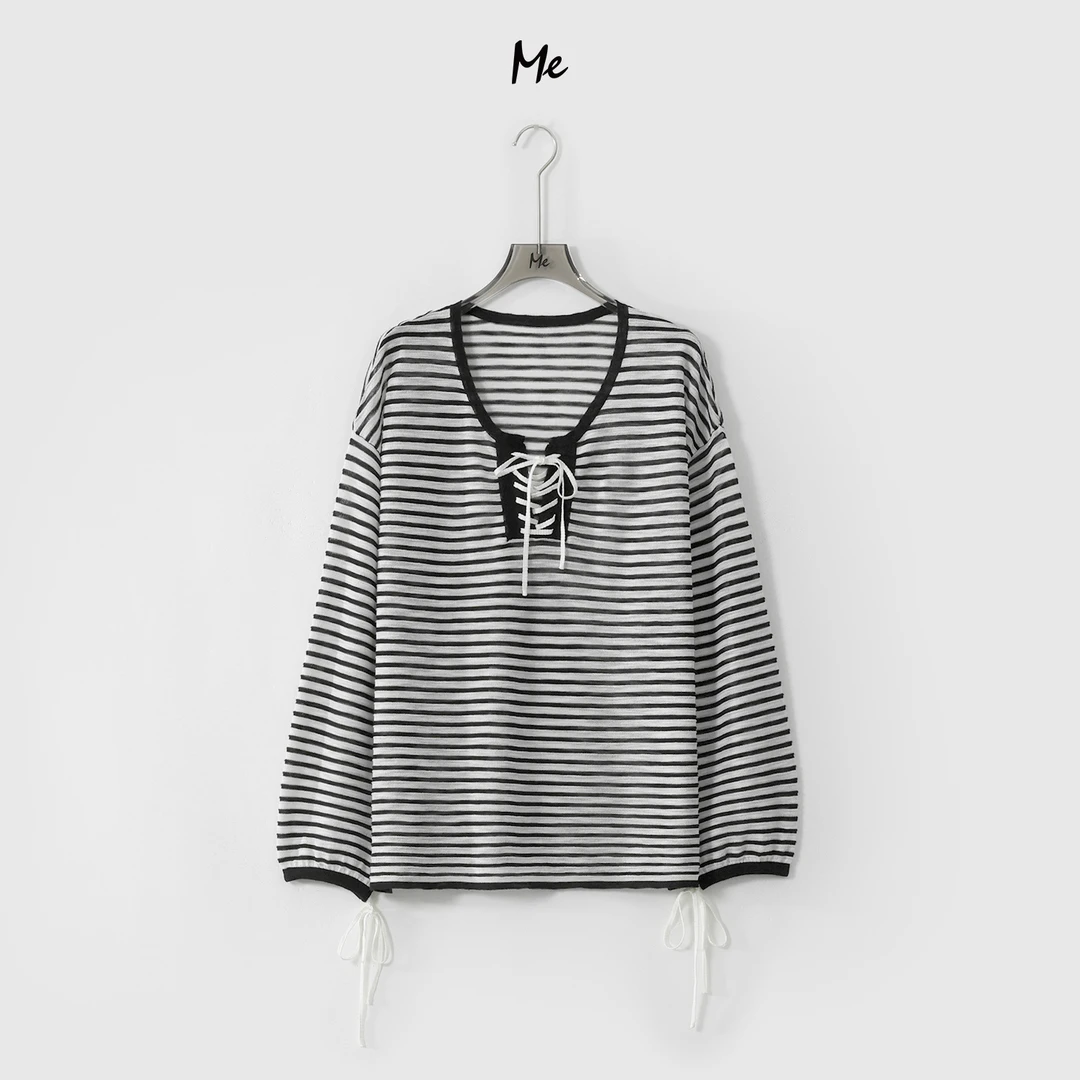 ME【航海绑带罩衫】天丝亚麻混纺经典条纹显瘦百搭针织衫MESS5383
