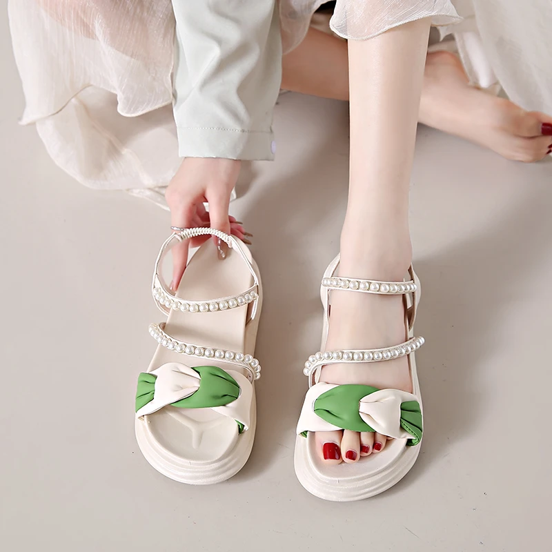 女式凉鞋夏天罗马鞋珍珠丝带平底时装凉鞋百搭裙子拖鞋厚底外穿