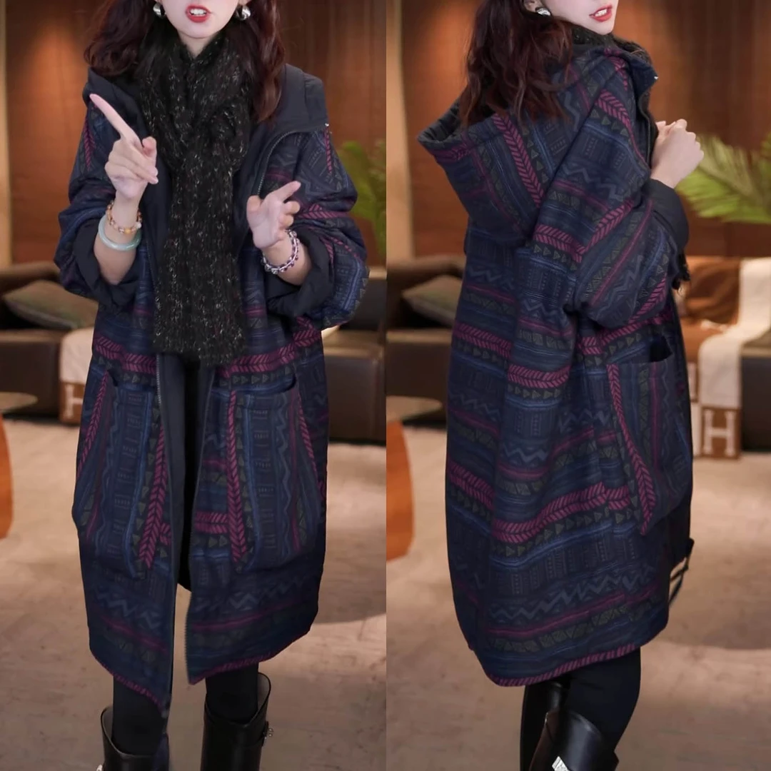 洋气百搭中长款连帽棉衣外套2025冬季新款时尚加厚保暖双面穿棉服