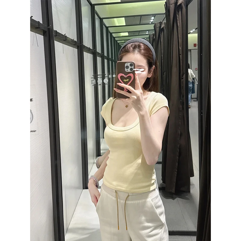 Moses Queen/魔西女王奶黄色大U领正肩短袖T恤修身显瘦百搭上衣
