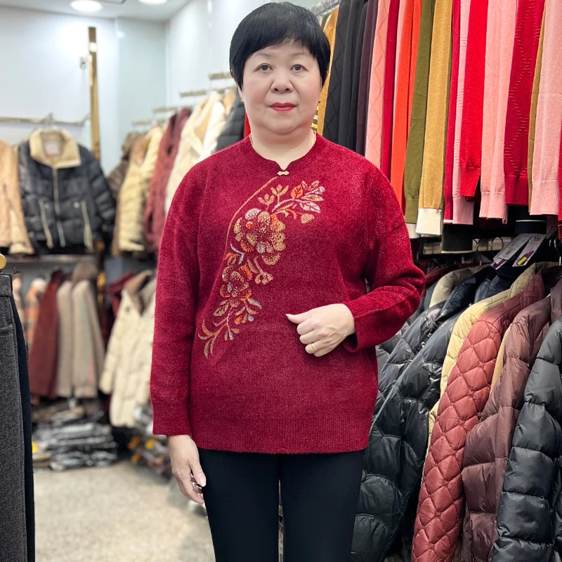 气质胖妈妈宽松毛衣大版型中国风中老年女装奶奶过年衣服针织衫厚