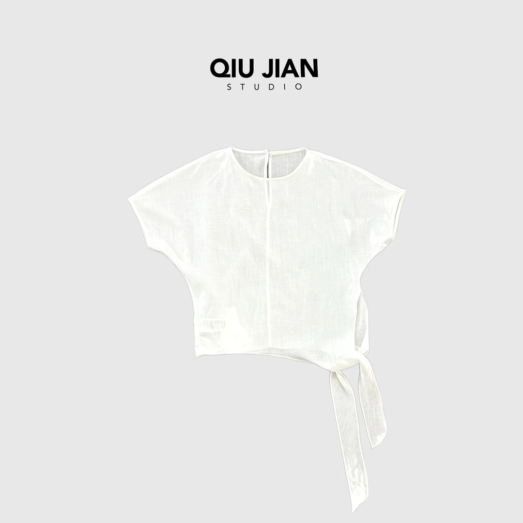 QIUJIAN【如履薄冰】DQ-3006-031宽松圆领蝙蝠袖t恤开衩绑带上衣