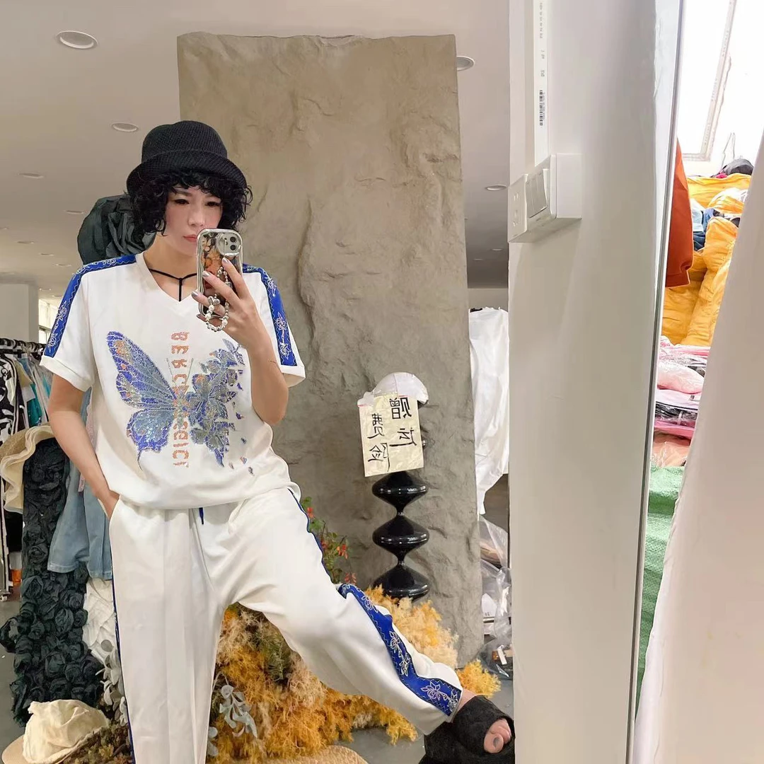 208高端蝴蝶印花设计感潮流短袖T恤女夏季新款时尚超好看别致套装