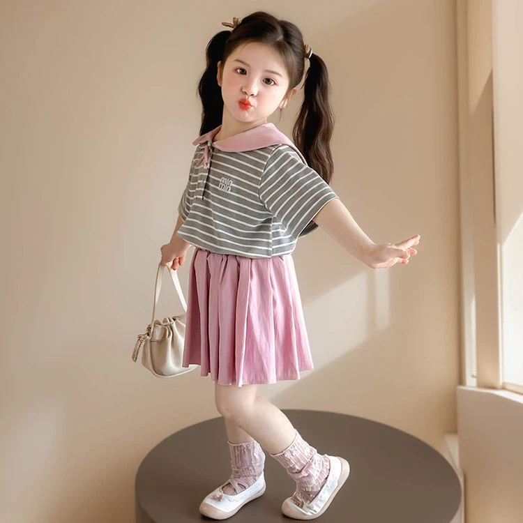 2025夏季新款女童套装裙子学院风短袖百褶裙套装