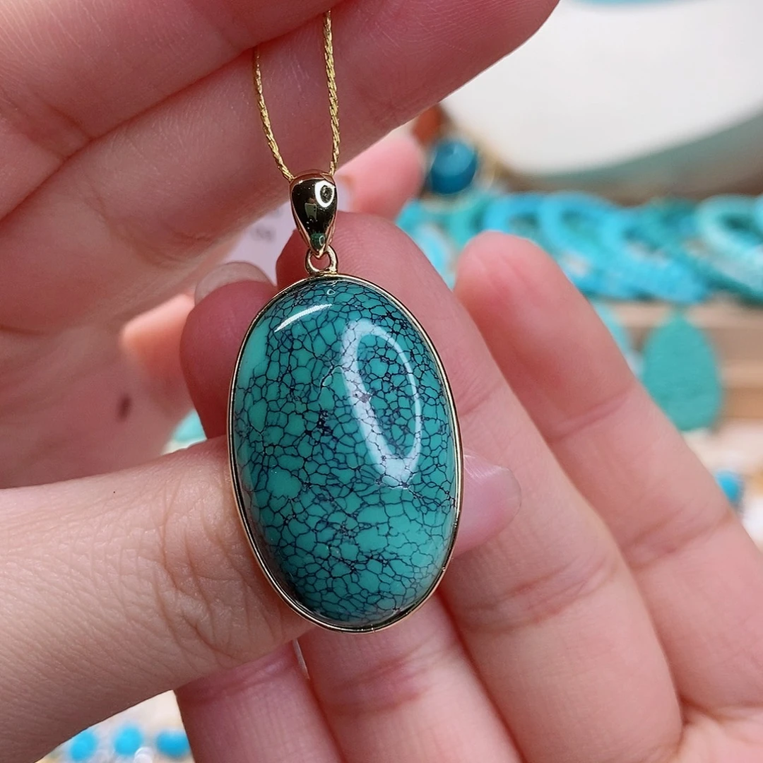 绿松石未镶嵌高瓷绿网花大蛋面吊坠