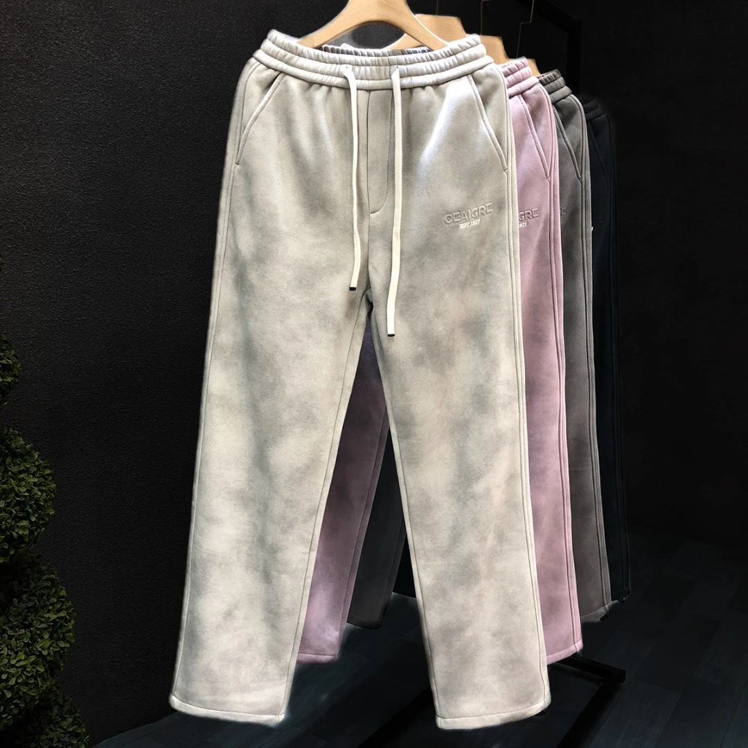 郎的港式高街冬天加绒裤子男宽松直筒加厚休闲裤2024冬季新款长裤