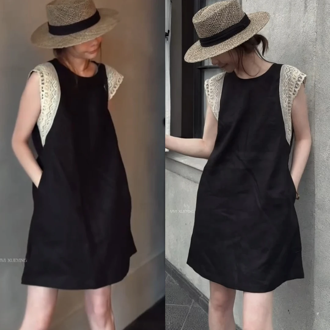 2025夏季新款无袖设计感拼接双层蕾丝花边背心连衣裙