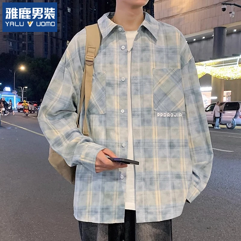 雅鹿男装多巴胺格子长袖衬衫男春夏季潮牌美式衬衣宽松高级感休闲