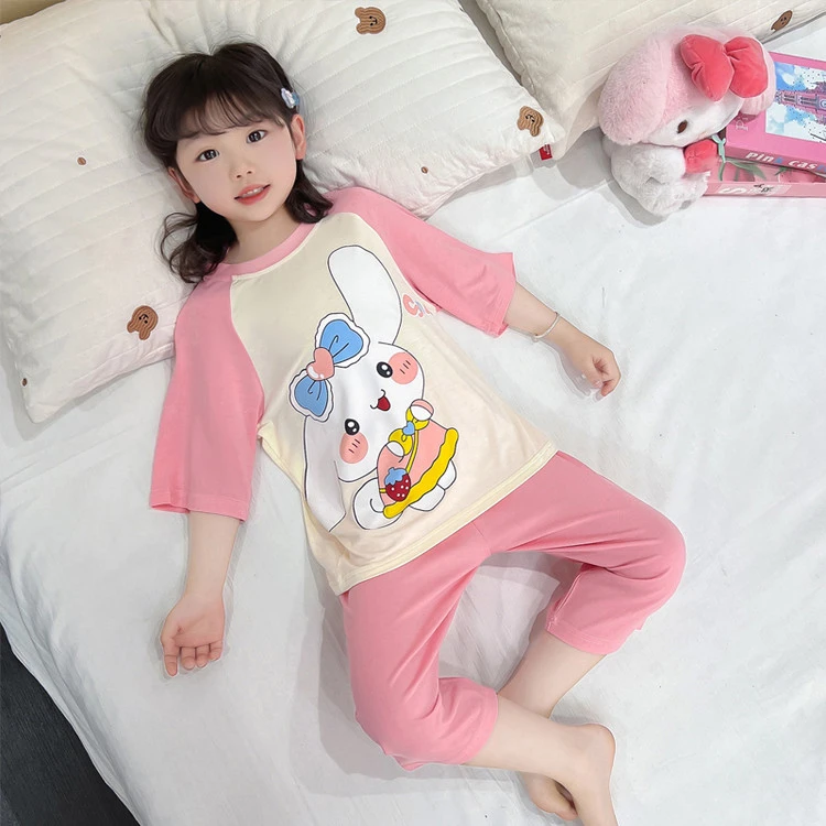 莫代尔儿童睡衣短袖夏季薄款女宝宝婴儿夏天空调服女童家居服套装