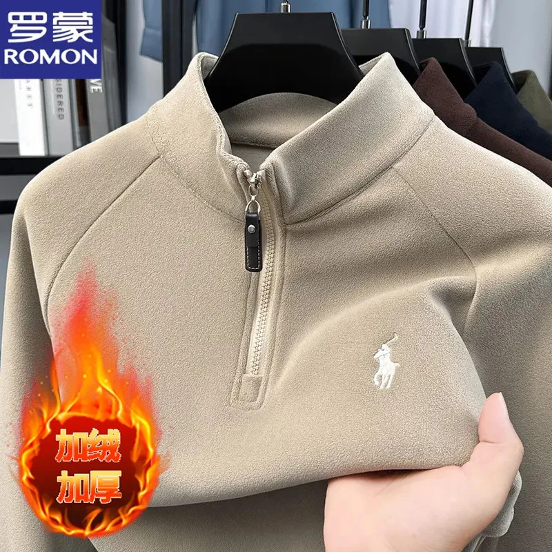 罗蒙新款奥粒绒半拉链刺绣卫衣男士秋冬季保暖打底衫内搭长袖上衣