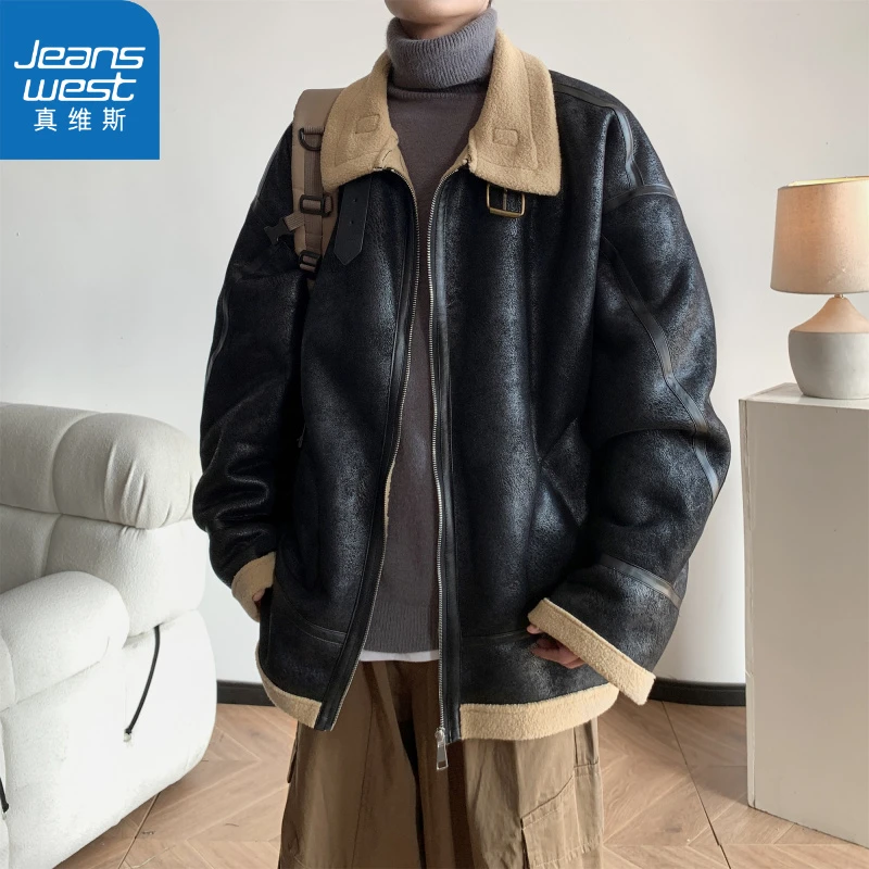 真维斯麂皮绒棉服男冬季加肥加大码潮胖人宽松痞帅机车外套棉袄