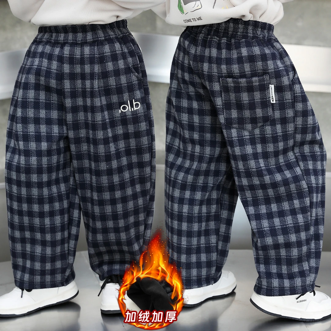 男童加绒裤子格子弯刀裤宝宝冬季保暖长裤中小童秋冬款帅气直筒裤