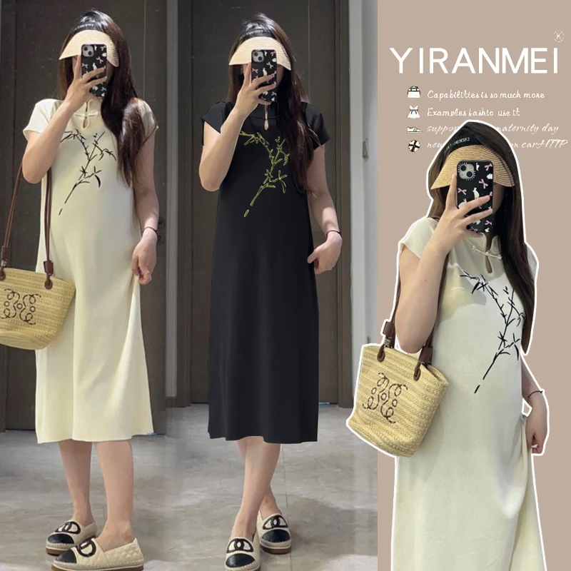 2025时髦孕妇装连衣裙夏季新中式盘扣国风刺绣改良旗袍气质孕妇装
