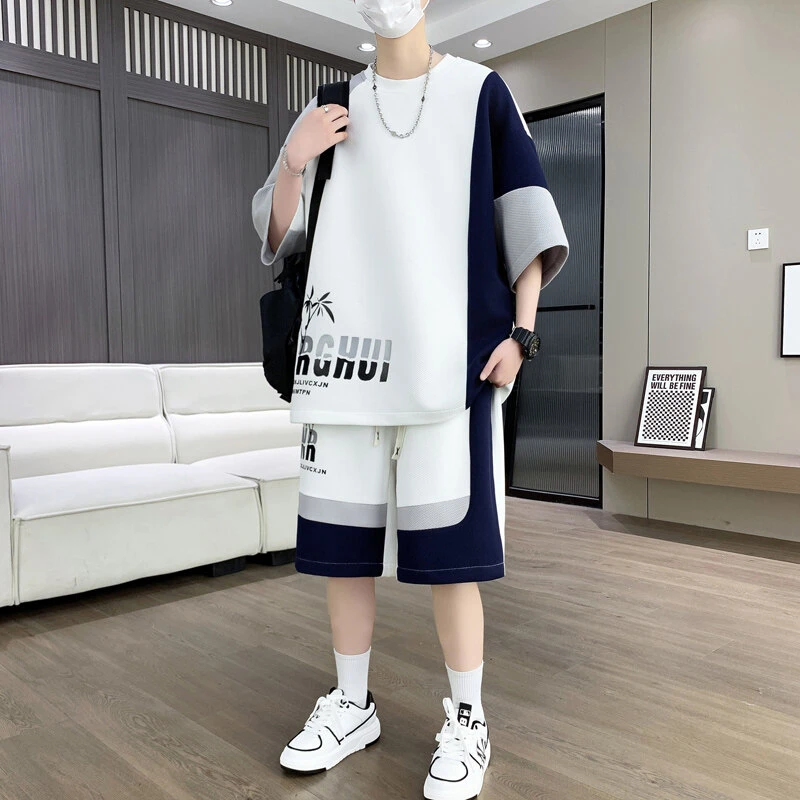 青少年冰丝短袖t恤男夏季宽松帅气套装男生潮流拼色撞色半袖体恤T