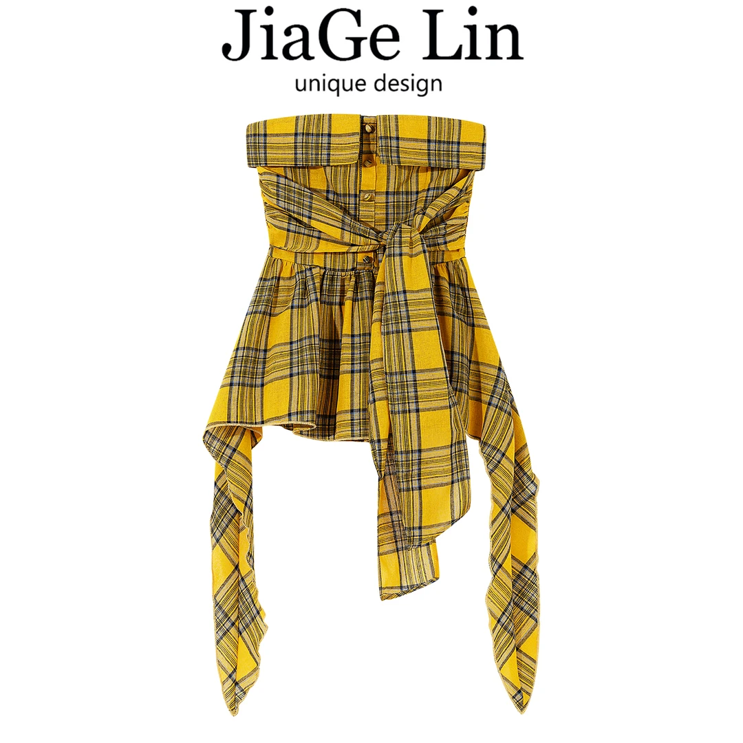 JiaGeLin韩系设计感格子抹胸收腰显瘦小衫女夏季洋气减龄百搭上衣