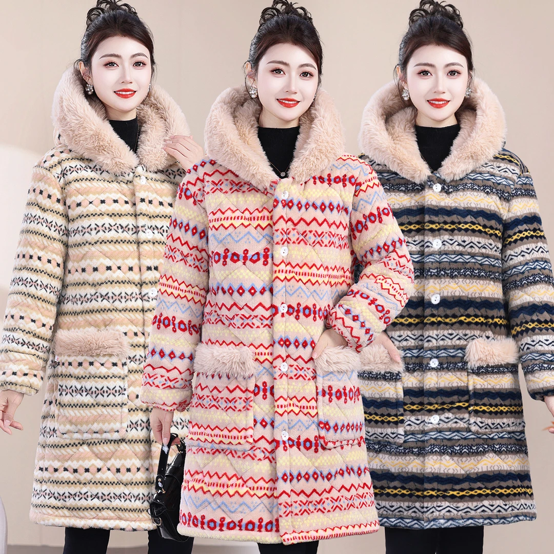 （肖肖家中长款）新款三层夹棉加绒加厚长毛绒可外穿女士保暖家居服