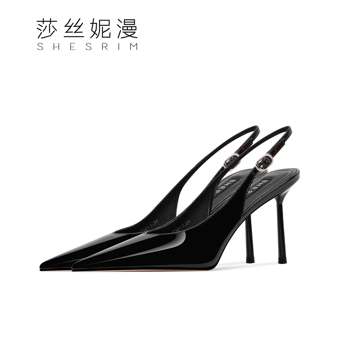 308-黑色包头凉鞋女2025夏季新款时尚百搭细跟尖头后空高跟鞋女鞋