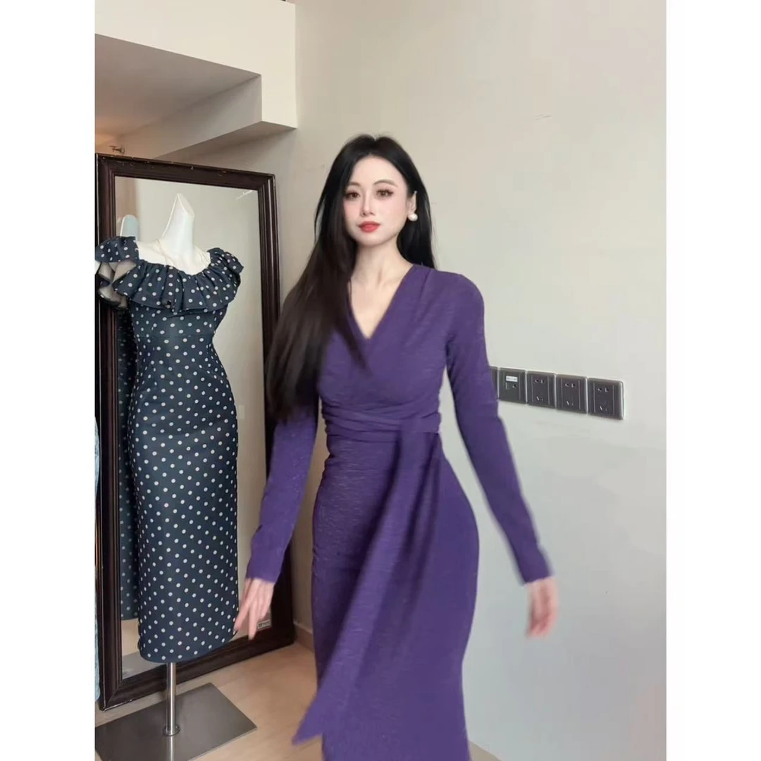 原创自制【凝夜紫】V领复古显白紫色修身性感长款显瘦包臀连衣裙