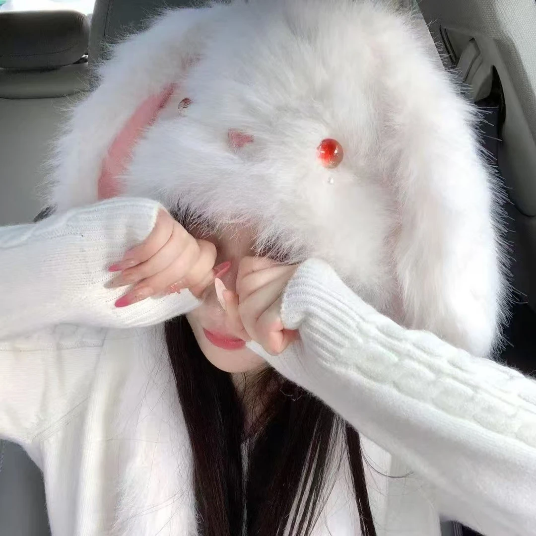 大耳朵兔会动帽子雷锋帽女春季时尚冬季网红卡通毛绒加厚韩版秋冬