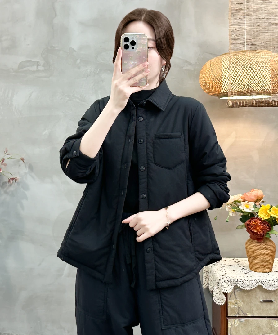 【阅初】2025新款韩版POLO领长袖宽松型棉衣棉服宽松外套立领黑色