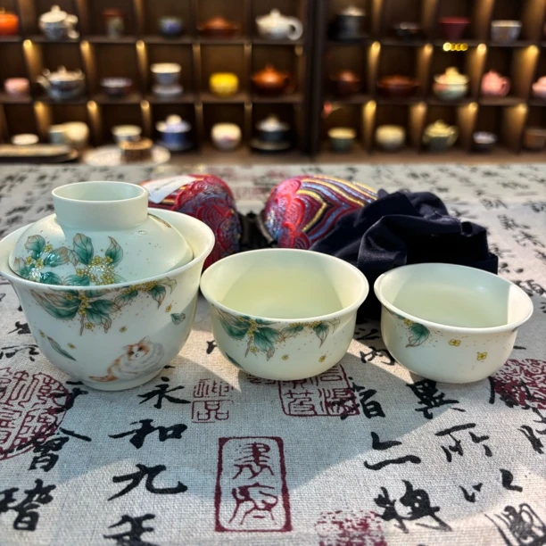 青岚茗器专属链接@@G358桂花猫盖碗+两杯