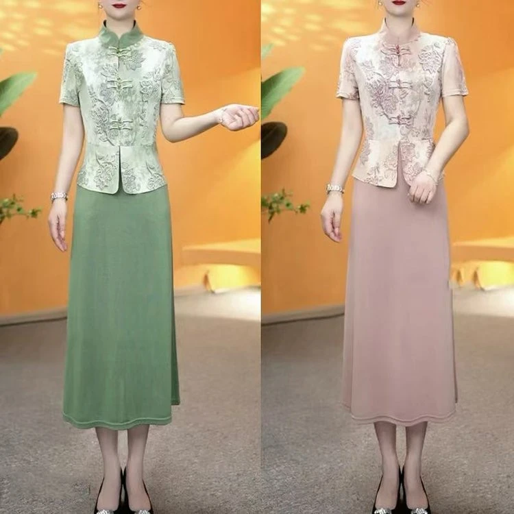 夏季新款短袖冰雪丝弹力缎连衣裙气质假两件大码显瘦中长款裙子