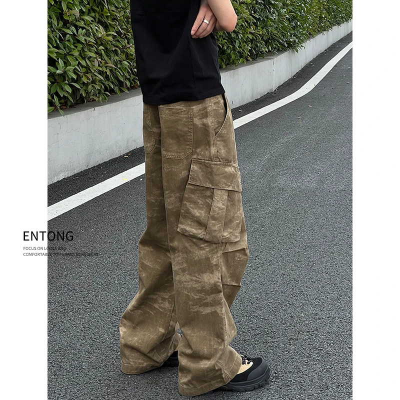 Entong美式街头复古褶皱大口袋工装裤男生阔腿宽松直筒休闲裤子潮