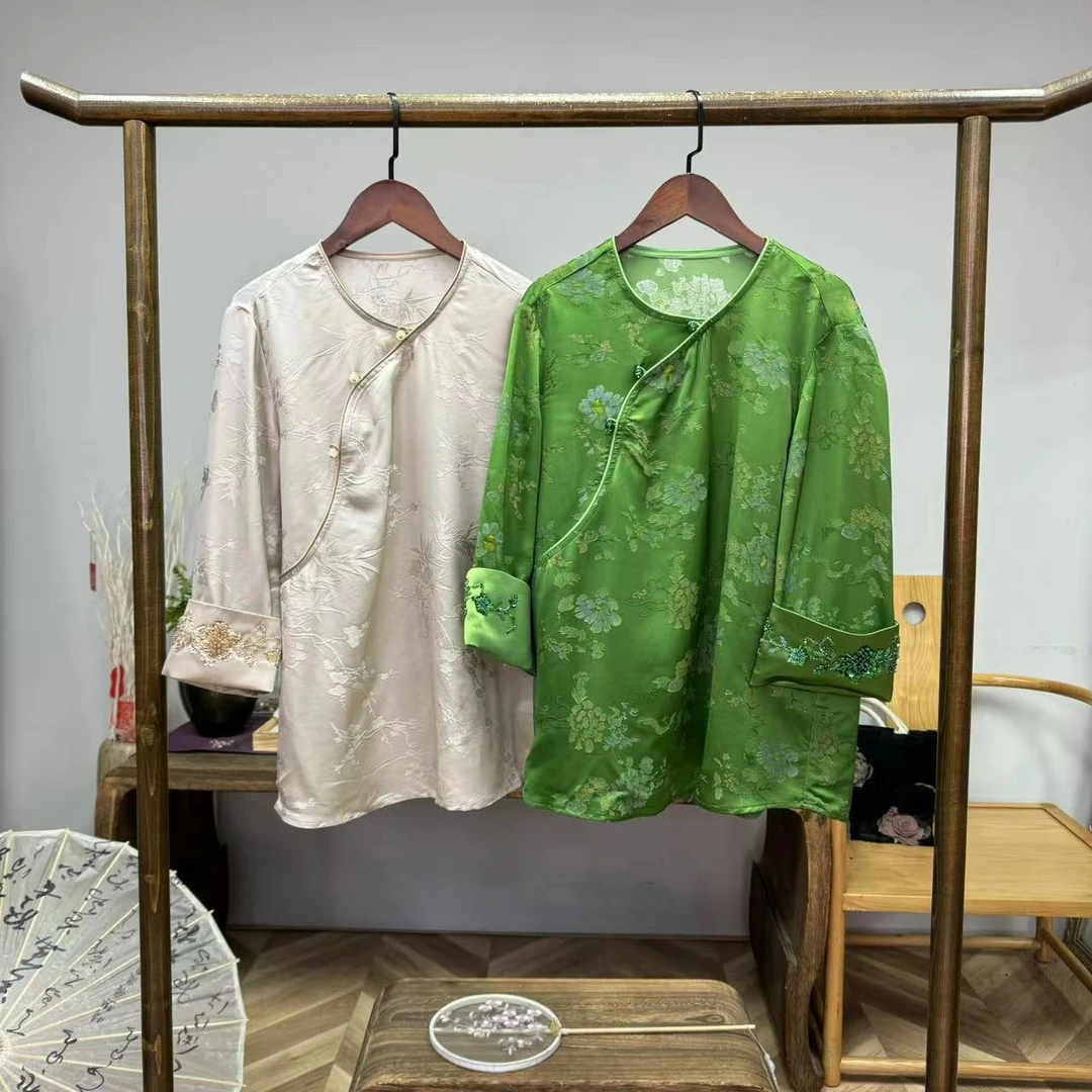 中法格调！丝粘提花手工钉珠国风衬衣！GZ3777