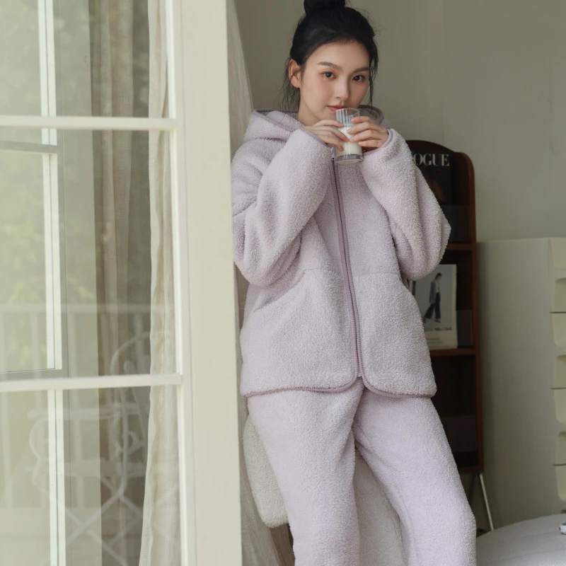 2024秋冬新款睡衣女暖绒连帽套装家居服女可外穿休闲保暖加厚睡衣