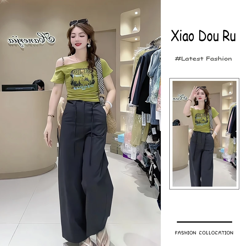 夏季流行穿搭一整套新款2025韩系显瘦御姐风露肩上衣阔腿裤两件套