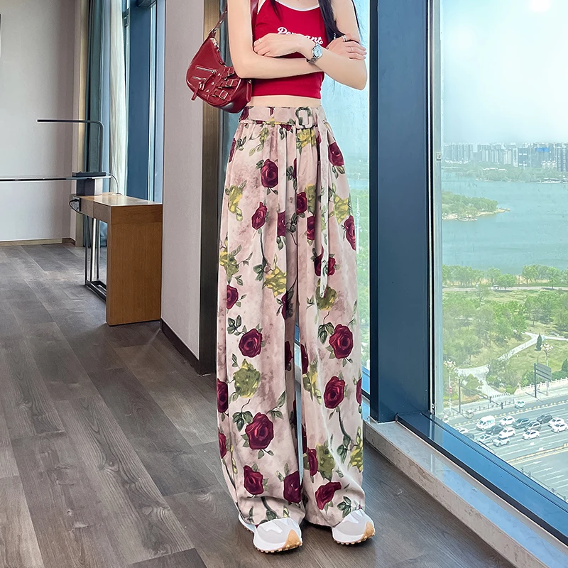 粉色印花阔腿裤子女夏季薄款2025新款高腰垂感宽松休闲显瘦拖地裤
