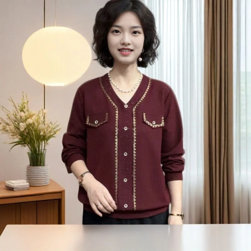 春季2025新款长袖宽松遮肚显显瘦领烫妈妈洋气上衣时尚T恤V领高贵